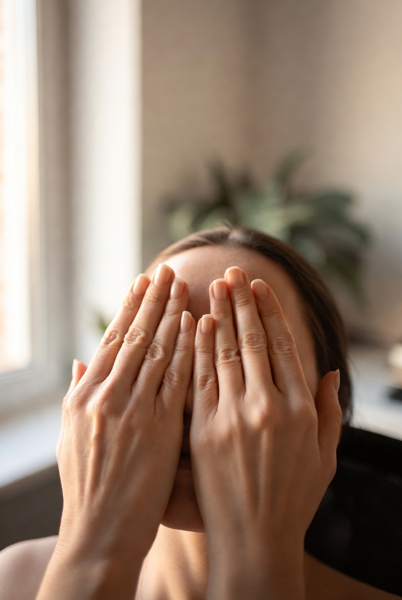 Mãos cobrindo os olhos suavemente em ambiente calmo - exercício de palming Oclax